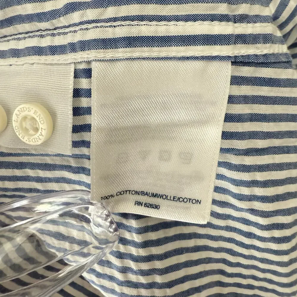 Land's End Men's Seersucker Casual Shirt Button Down Short Sleeve Blue White